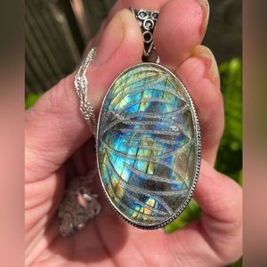 😵 Fire Labradorite 925 sterling Flash Lotus sun Flower Pendant Necklace carved